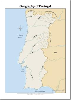 Mapa de ríos y montañas de Portugal. WorksheetWorks