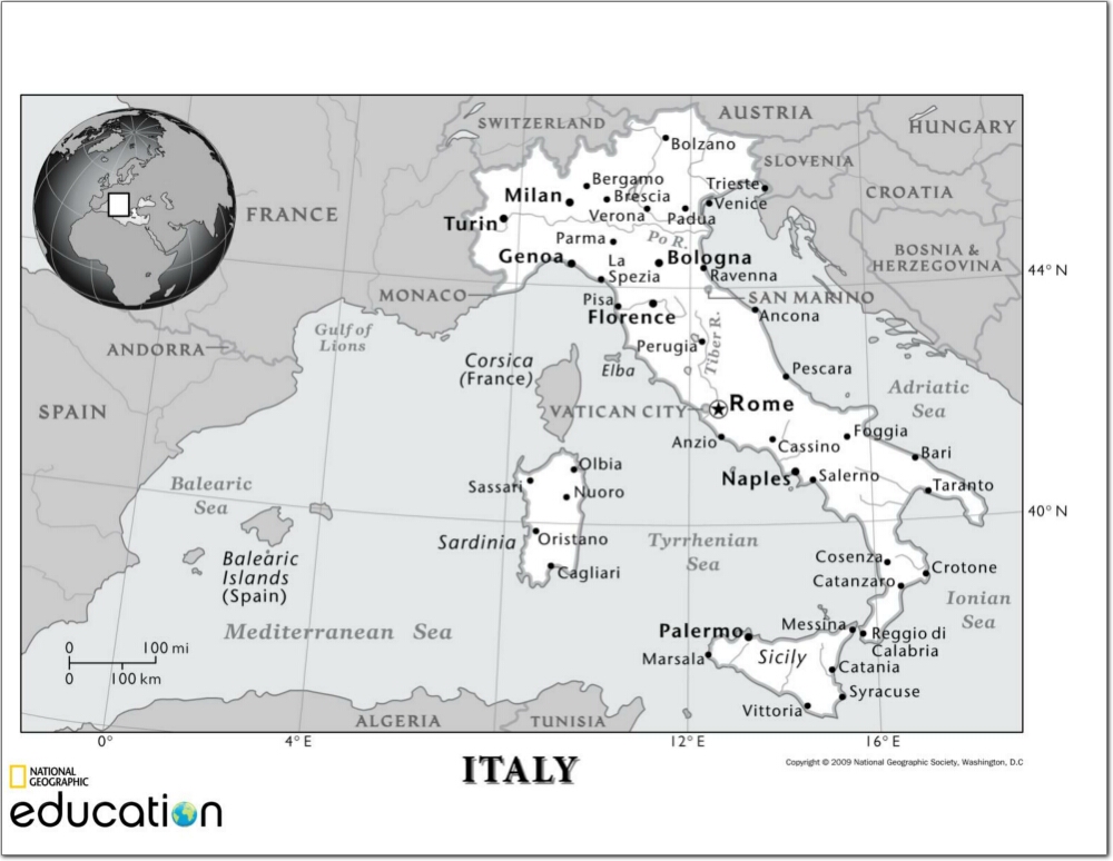 mapa de ciudades y ríos de italia. national geographic