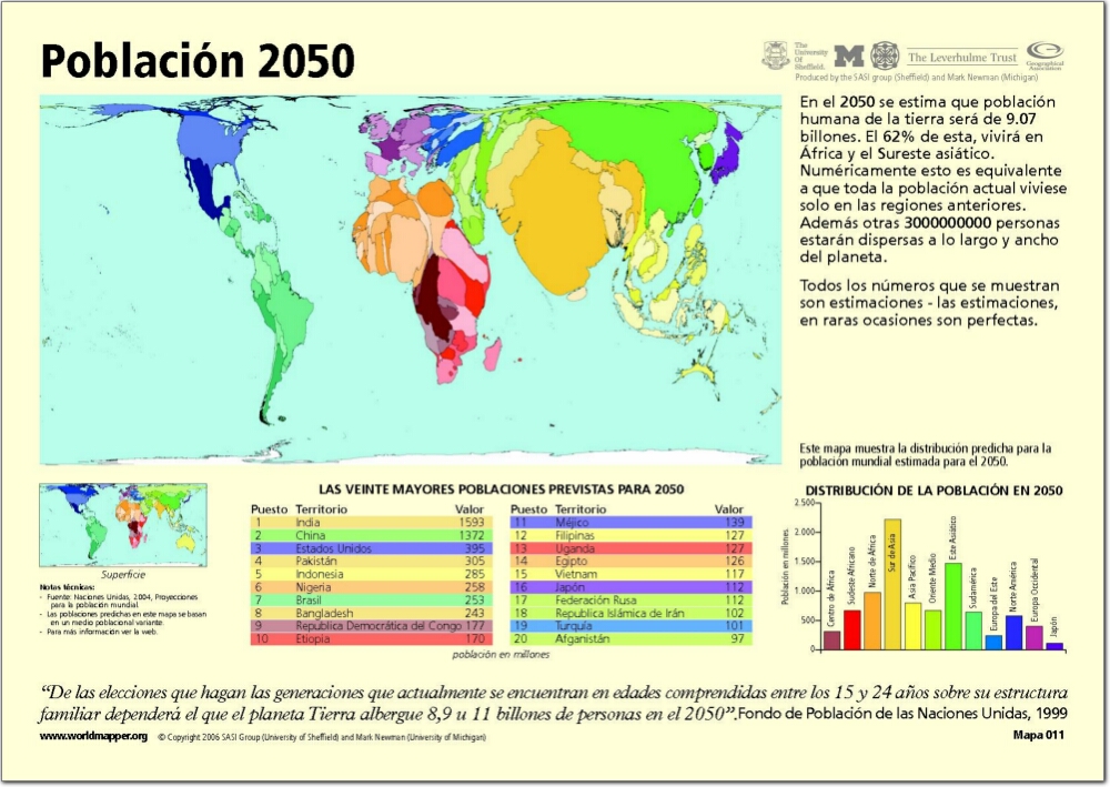 Mapa político del Mundo Mapa de países del Mundo. Población año 2050