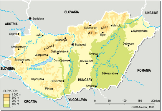 Mapa para imprimir de Hungría Mapa físico de Hungría. Grid-Arendal ...