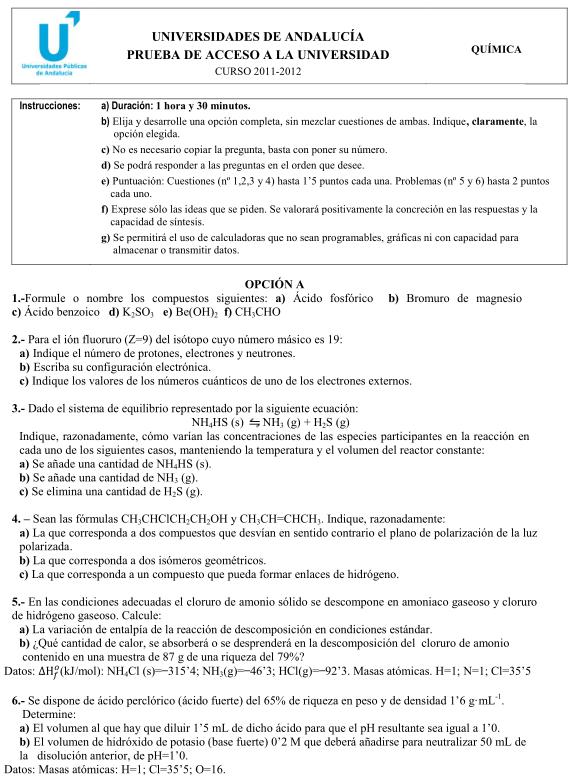 EXAMENES SELECTIVIDAD QUIMICA ANDALUCIA examenes selectividad quimica andalucia: