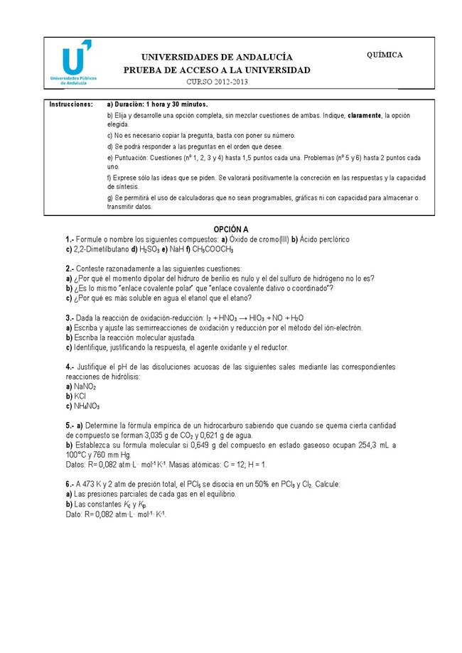 EXAMENES SELECTIVIDAD QUIMICA ANDALUCIA examenes selectividad quimica andalucia: